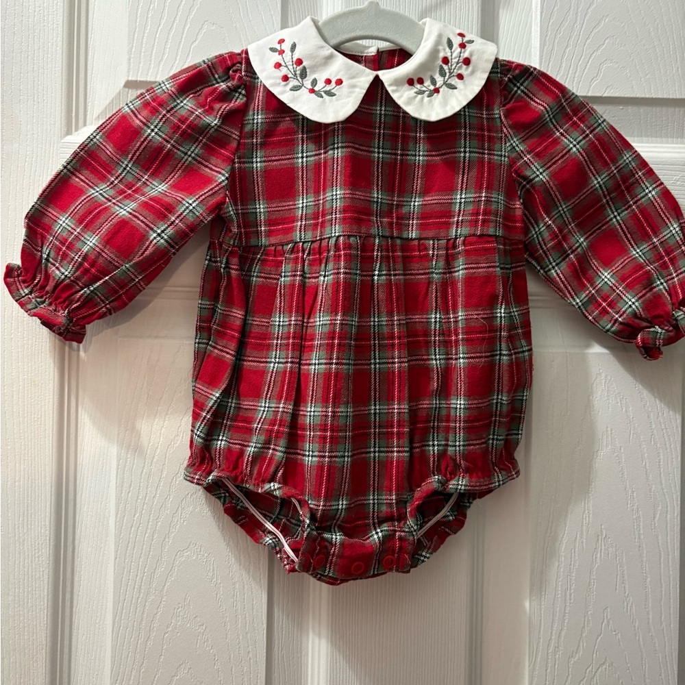 Red Plaid Embroidered Collar Baby One-Piece